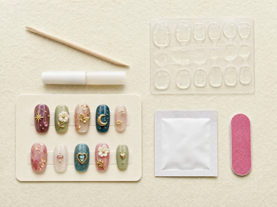 平鋪擺放：卡紙上十片裝飾指甲，旁邊有木棒、白色小管、一張透明黏貼片、一個小包及粉紅色指甲銼